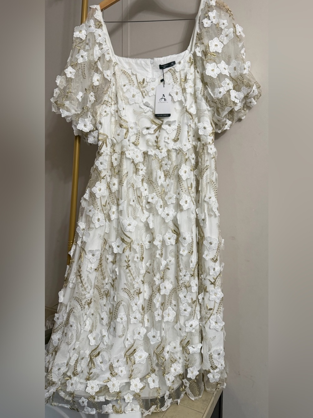 Premier White and Gold Floral Appliqué Formal Dress